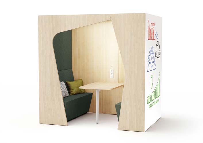 Image de la box acoustique Komunikube avec sa structure chêne clair et assise coloris vert forêt